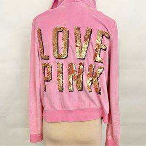 Victoria’s Secret PINK Vintage Rare Velour Full Zip Sequin Hoodie Bubblegum Pink